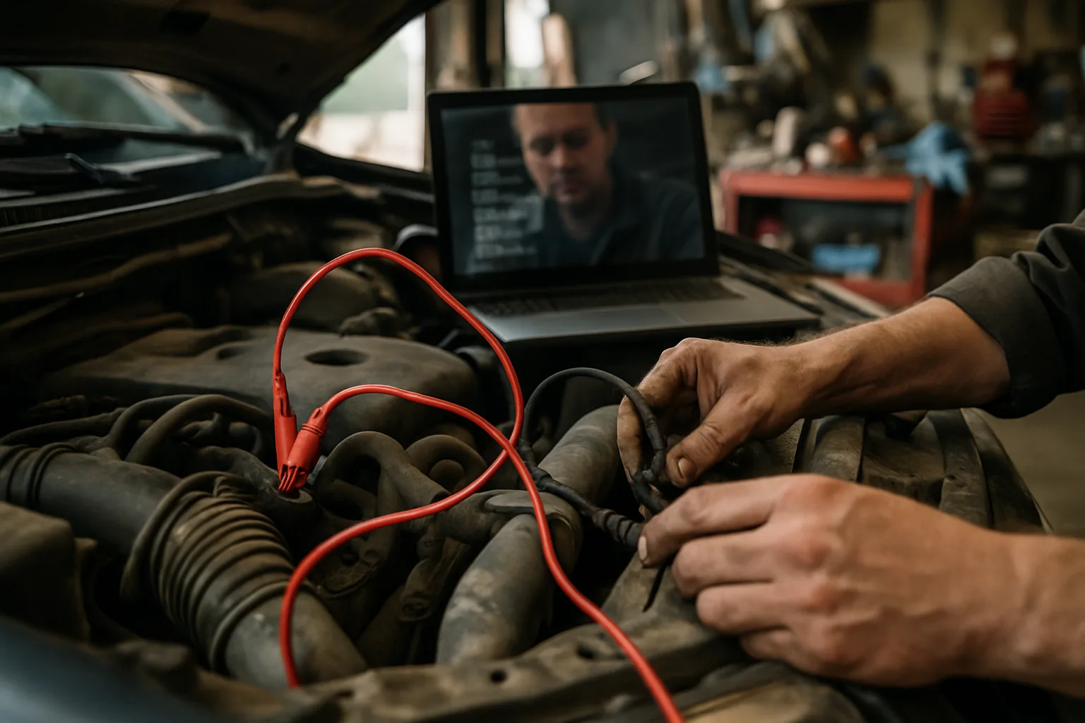 Engine diagnostic equipment and cables in an open bay